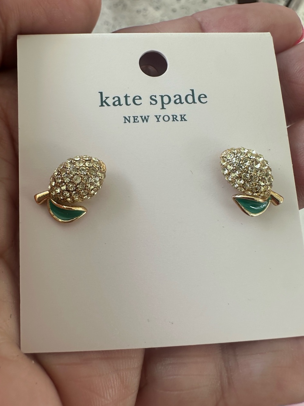kate spade Gold Crystal Lemon Stud Earrings with Green Enamel Leaves